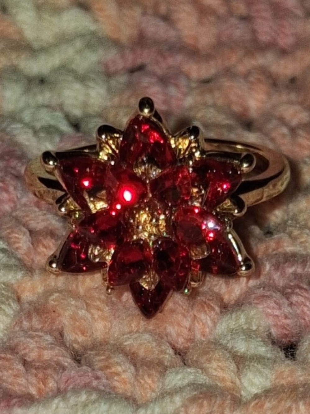 Large Gold Red Garnet Flower Ring